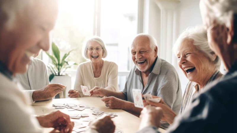 Healthy older people laughing during a game of cards