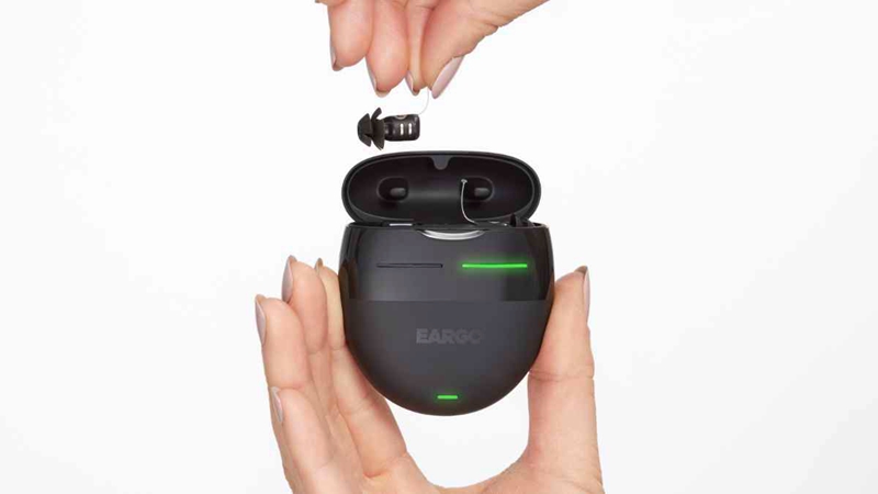 Eargo 8 with portable charger that carries up to 14 full recharges, the most in its class.