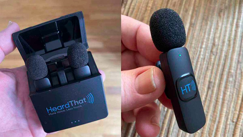 Split photo of Remote Mic Carrying Case and a remote mic in fingers