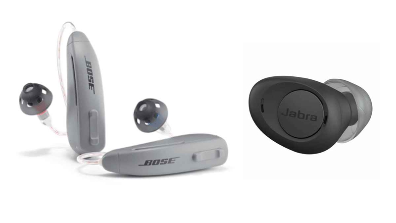 The Bose SoundControl hearing aids and the Jabra Enhance Plus earbuds were the first "self-fitting hearing aids" approved for use by the FDA. (Devices not shown to scale.)