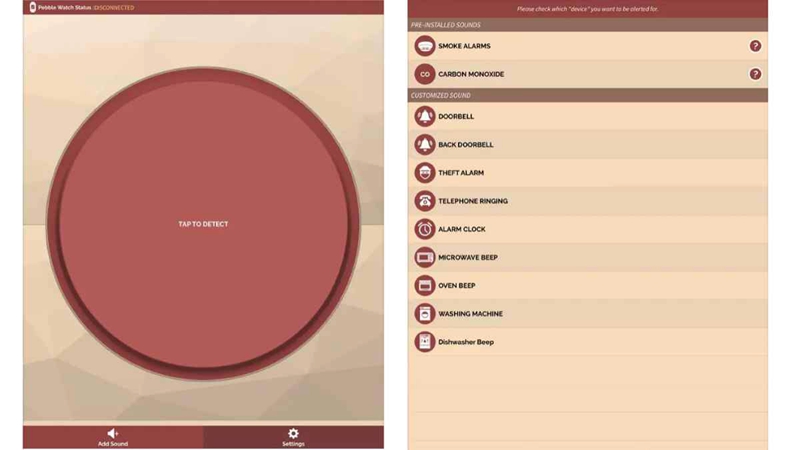 Two screenshots of SoundAlert app with one showing the various sounds it can detects