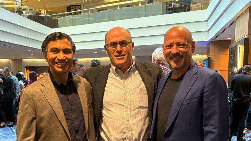 Starkey CTO and EVP of Engineering Achin Bhowmik, PhD, and Sawalich with HearingTracker Editor-in-Chief Karl Strom.