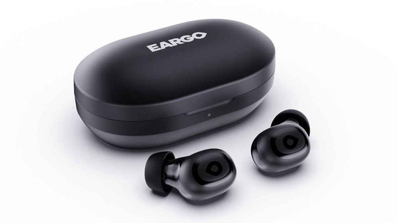 Photo of dark gray LINK by Eargo earbuds and recharging case