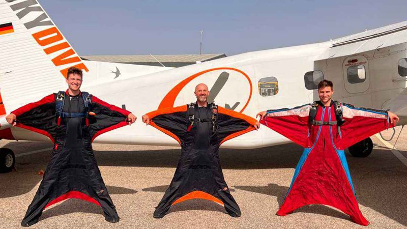 Allsop with two friends ready to try out a different type of skydiving.