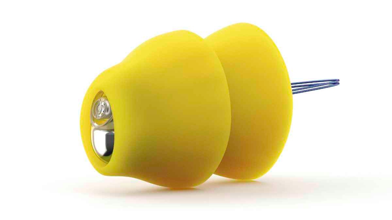 Yellow Lyric hearing aid with two flanges and removal loop