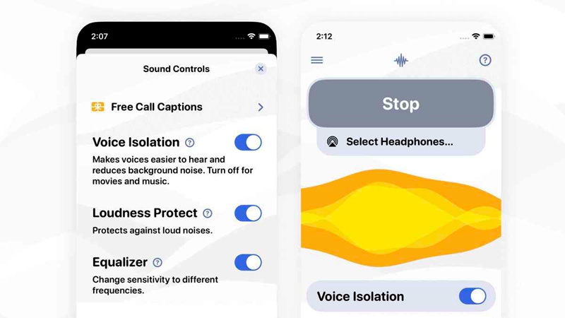 Screenshots of Sound Amplifier with buttons for voice isolation, loudness protect, and equalizer