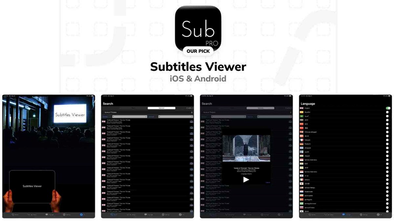 Four screenshots of Subtitles View app, including 2 showing the app on a tablet