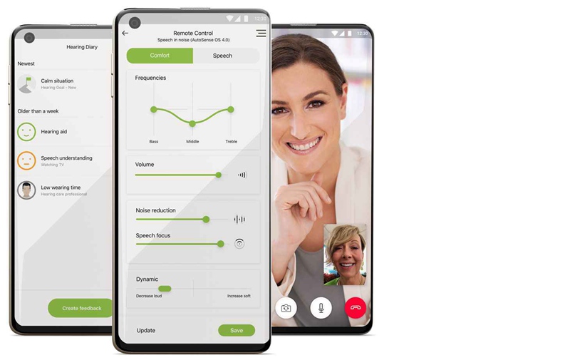Three screenshots of the myPhonak app including a telehealth visit