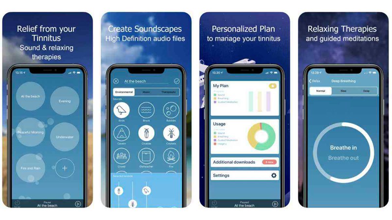 Screenshots of ReSound Tinnitus Relief App for creating custom sound therapy audio files