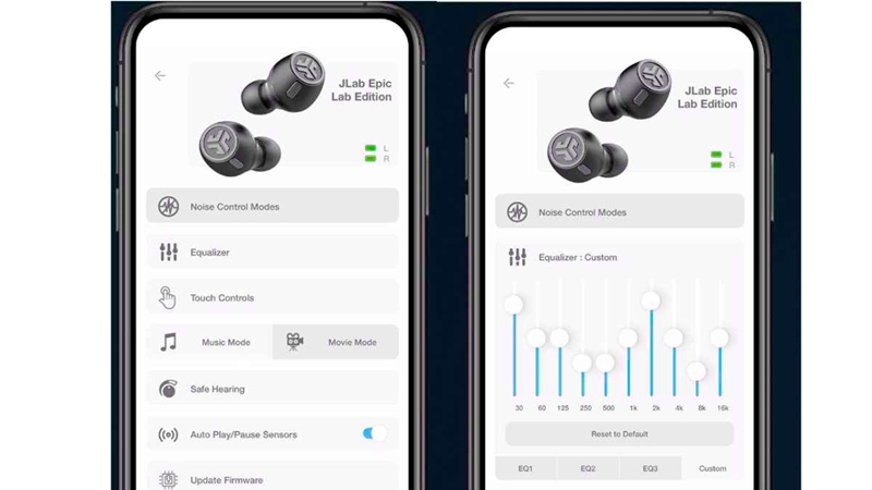 Smartphones showing main menu and equalizer for JLab Epic earbuds