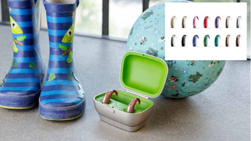 Phonak Sky-L hearing aids are designed to work seamlessly with myPhonak Junior, the industry's only dedicated pediatric app. Inset: Choice of colors available in Sky models.