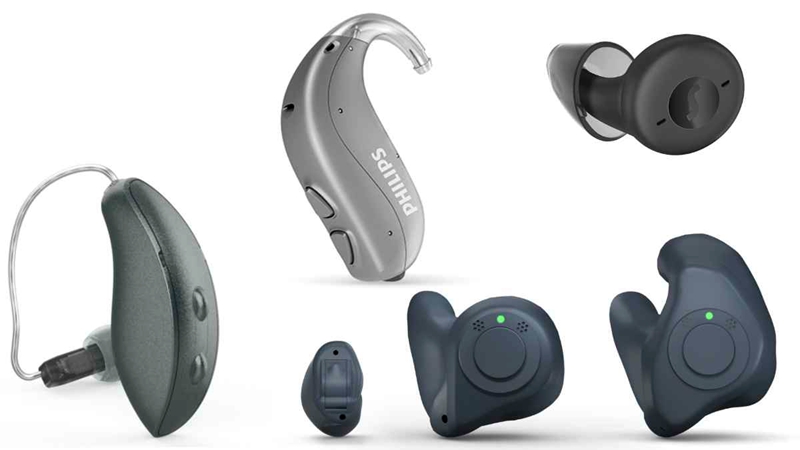 Six different styles of hearing aids, ranging from RICs to CICs