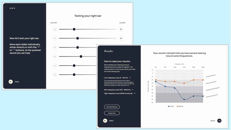 On left: Soundly hearing test screen. On right: Results of author's test.