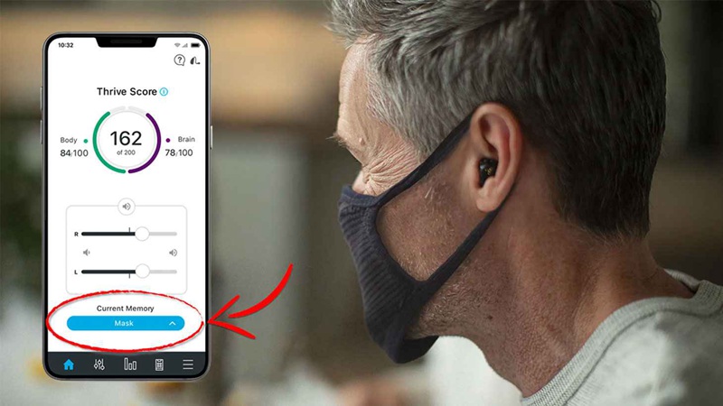 Several hearing aids have built-in programs that help accentuate speech when a speaker's mouth is covered by a mask (shown is Starkey's mask mode).