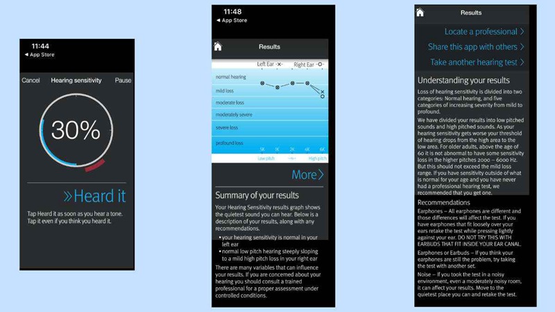 uHear hearing test app. On right: The bar on the outside of the circle flashes red when you miss a test tone, green when you've heard it. Middle: Summary of results of a colleague with slight-to-mild hearing loss. On right: Explanation and recommendations for follow-up.