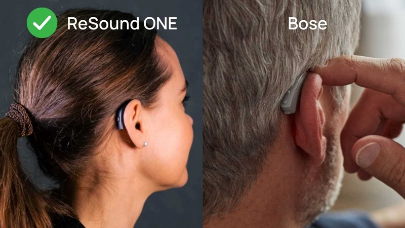 Image of a woman and man wearing ReSound and Bose hearing aids