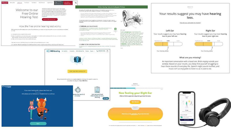 Some examples of web home pages and tests you'll see when perusing online hearing tests.