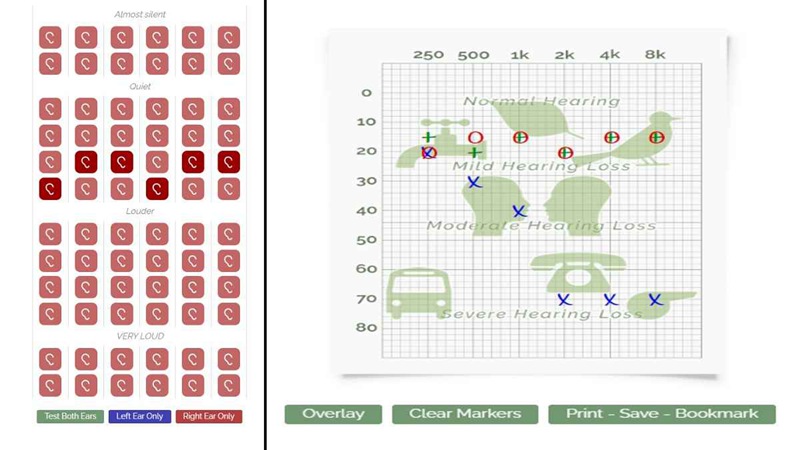 On left: The test grid for assembling your audiogram for each ear (or both). On right: the "overlay" on the audiogram to see which sounds correspond to different volumes and frequencies/pitches.