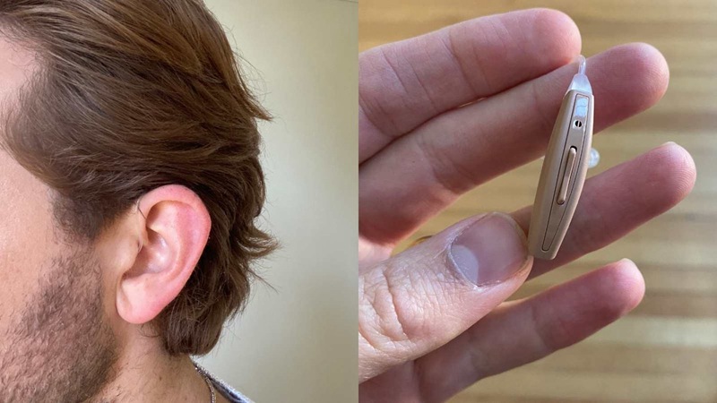 Image of MDHearingAid in ear and in hand