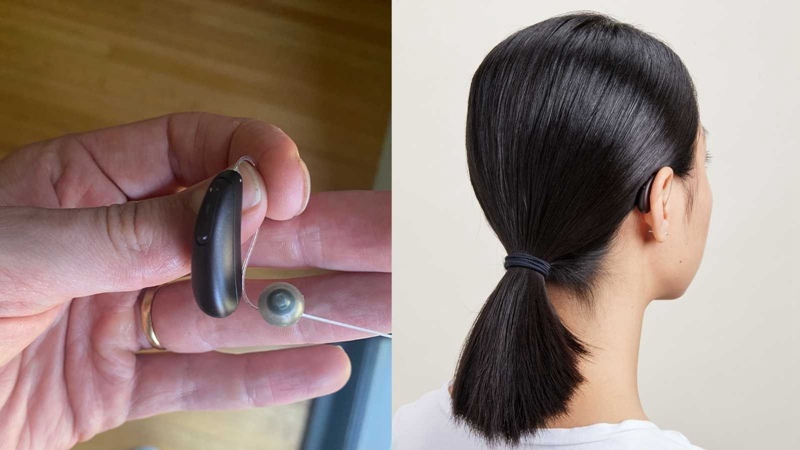 Image of the Audicus Omni hearing aid in hand and behind a woman's ear