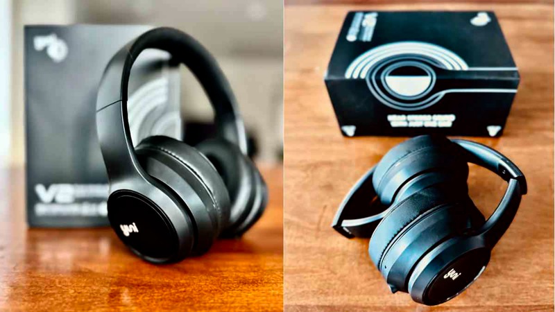 Split image with Yuni headphones and folded compact headphones