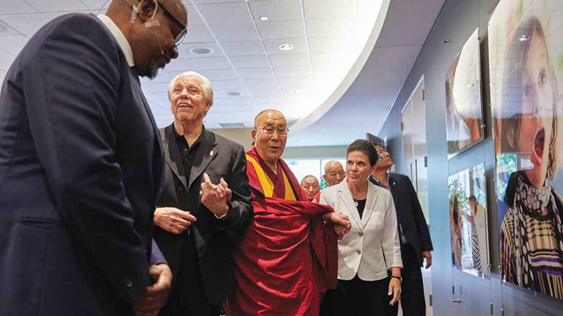 Actor and UNESCO envoy Forest Whitaker, Bill Austin, the Dalai Lama, and Tani Austin took part in a panel discussion about compassion, giving, and leadership at Starkey's Minneapolis headquarters in June 2017.