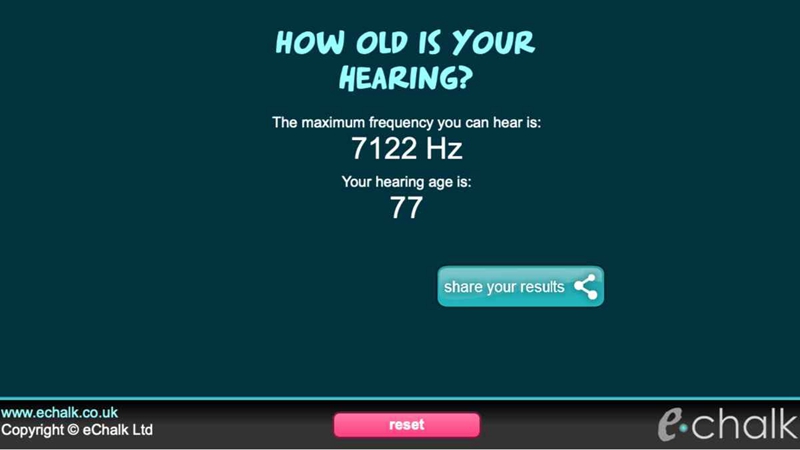 Following a frequency sweep, eChalk gives you "Your hearing age" based on hearing health data.