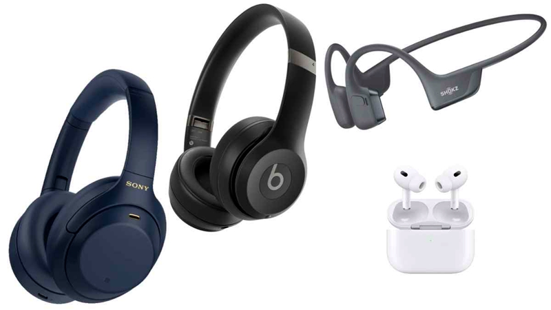 Four types of headphones: Over-ear (e.g., Sony), On-ear (Beats), Bone-conduction (Shokz), and In-Ear/Earbuds (Apple).