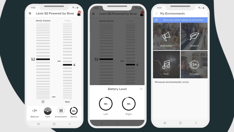 Screenshots of the Lexie Hearing app with Bose hearing aids