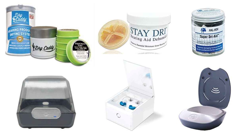 Some examples of hearing aid dehumidifiers and electronic dryers include (clockwise from top left): Dry & Store DryCaddy, Stay Dri Hearing Aid Dryer, Hal-Hen Super Dri-Aid, Lexie Electronic Hearing Aid Dryer, PerfectClean Hearing Aid Cleaning System, and Dry & Store DryBoost UV system.