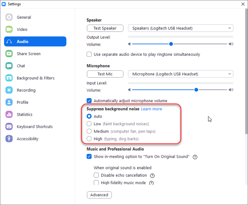 Zoom noise reduction settings
