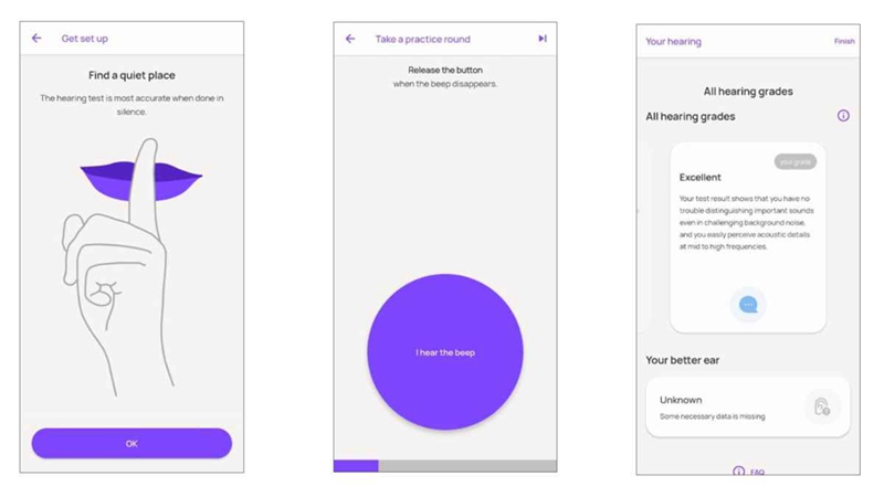 Screenshots of the Mimi app from the author's hearing screening.