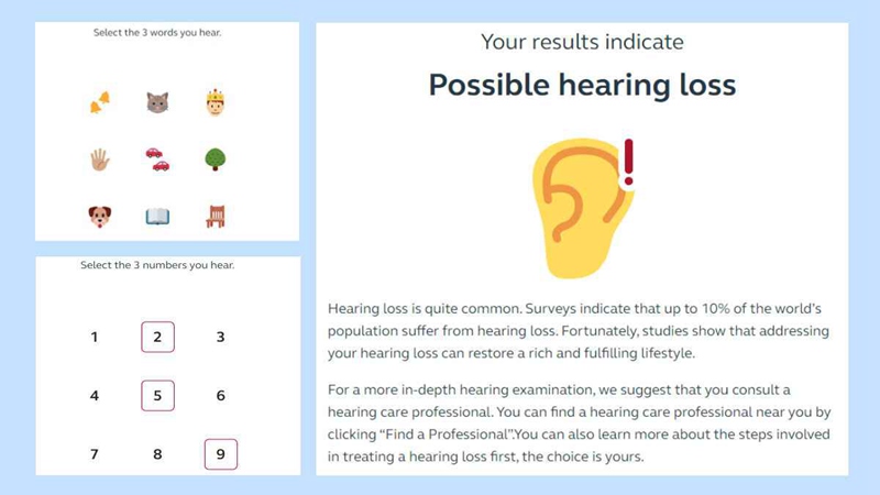 ReSound online hearing test. On left: Selecting the words/numbers you hear during the test. On right: My results as someone with a unilateral hearing loss.