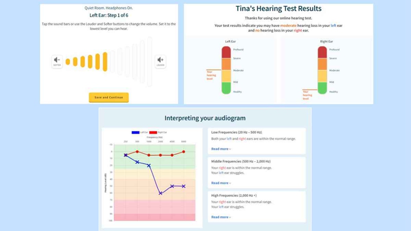 MDHearing Aid hearing test for author. Top right: Testing of the left ear by setting the lowest audible volume you can hear. Top left: Test results for right and left ear, indicating different degrees of hearing loss. Bottom: Simulated audiogram with hearing loss shown by frequency/pitch.