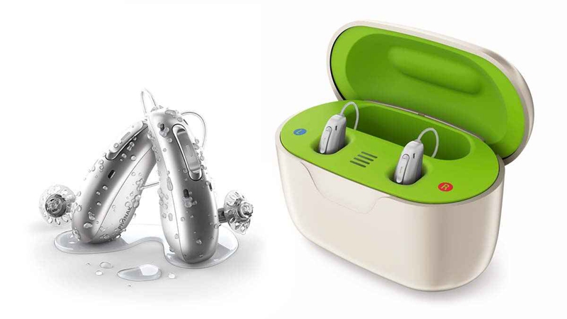 Most of the hearing aids that employ fitness and health-related data also come with extra waterproofing (i.e., IP-68 ratings) to help guard against incidental exposure to perspiration and the elements. Pictured here is the Phonak receiver-in-canal (RIC) hearing aid.