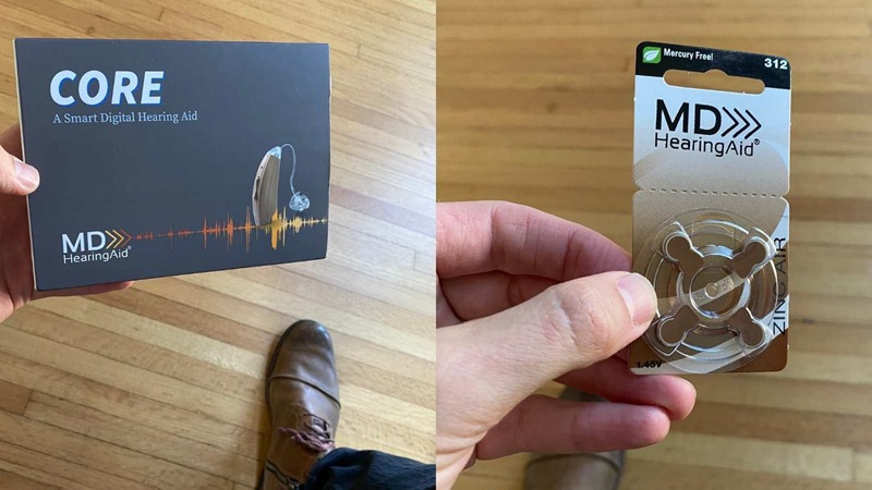 Image of MDHearingAid CORE in box along with batteries