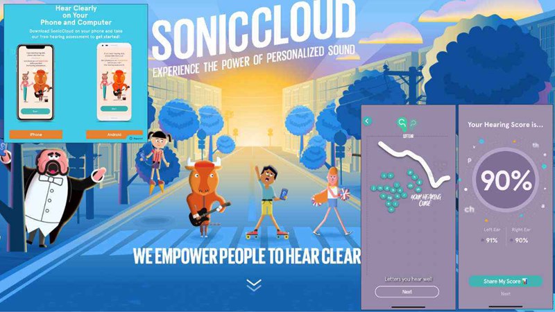 Some of the characters you'll meet on the SonicCloud hearing test app, as well as screenshots of a colleague's test results that display which speech elements (vowels and consonants) can be enhanced by the app for easier/better listening.